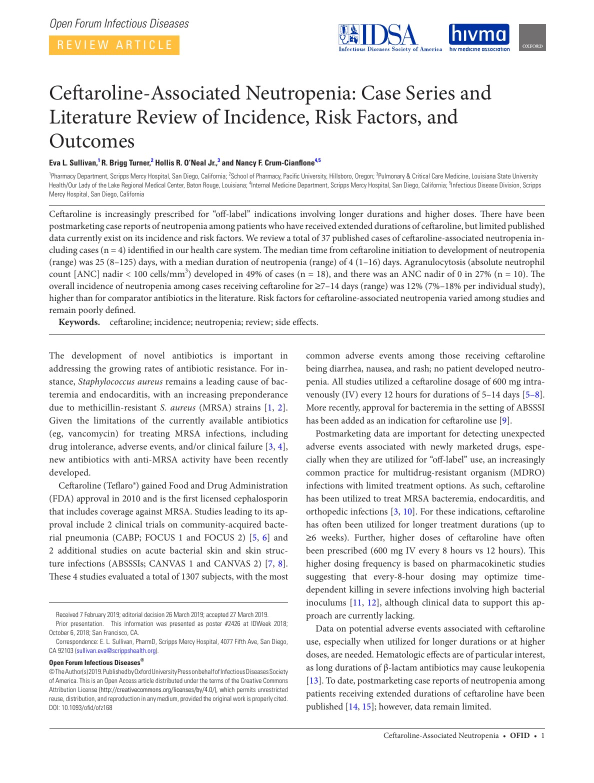 Page 1 of the ceftaroline article with the title, authors, affiliations, and correspondence block
